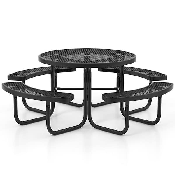 Boyel Living 80 in. W Black Round Stainless Steel Outdoor Picnic Table Bench Set for 8-Person with Umbrella Hole