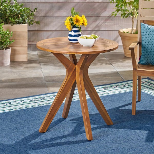 Unbranded 27.5 in. Outdoor Brown Round Acacia Wood Bistro Table with X Legs, Teak for Patio, Backyard, Deck, Garden
