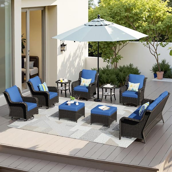 OVIOS Janus Brown 9-Piece Wicker Patio Conversation Seating Set with Navy Blue Cushions and Swivel Chairs