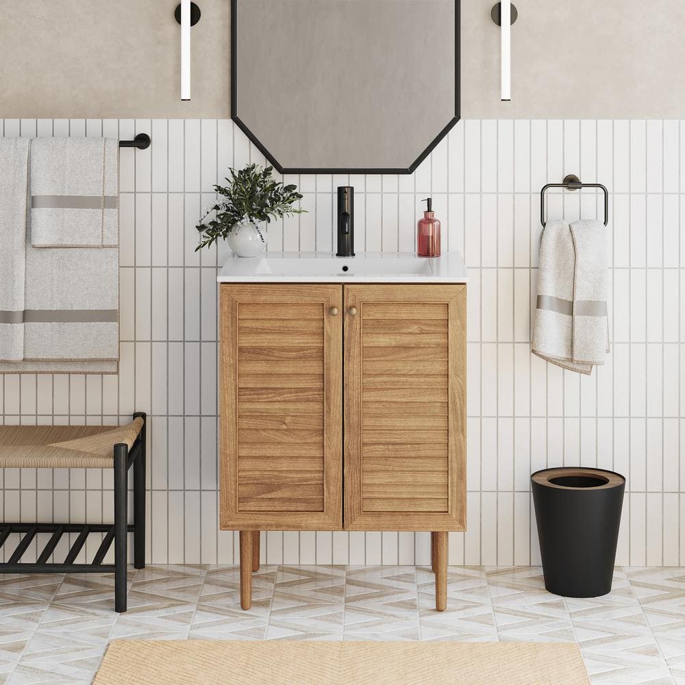 Bron 24" Brown Oak Freestanding Bathroom Vanity with White Sink Top