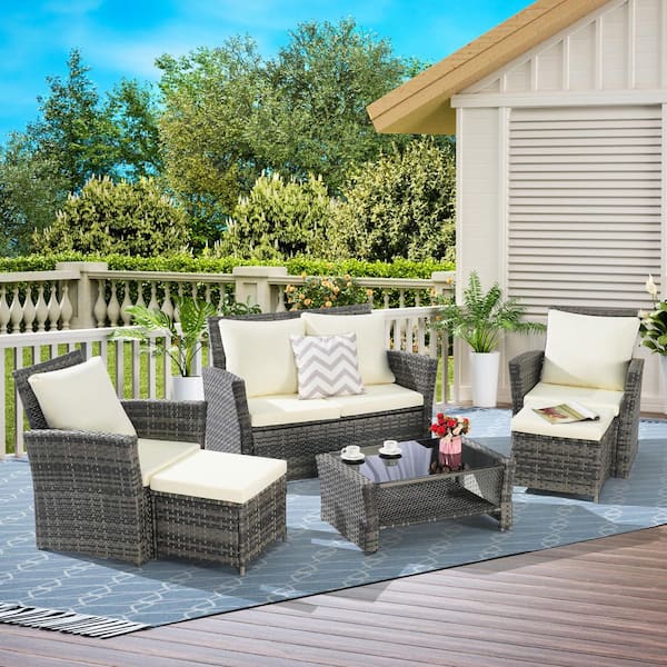 Sudzendf 6-Piece Gray Wicker Patio Conversation Set with Beige Cushions, Ottoman & Tempered Glass Coffee Table