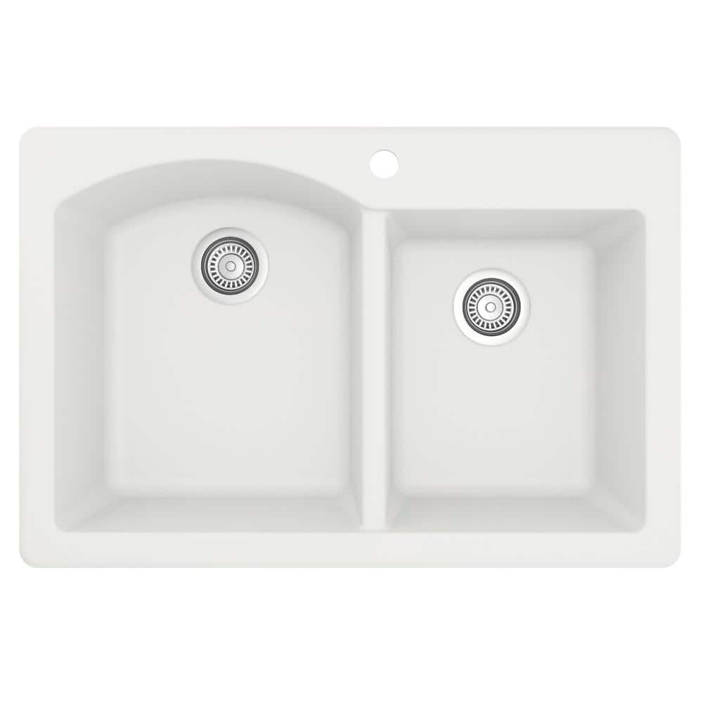 White Quartz Composite Double Bowl Kitchen Sink, 33" x 22"
