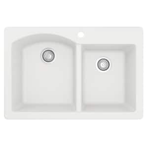 Drop-In Quartz Composite 33 in. 1-Hole 60/40 Double Bowl Kitchen Sink in White