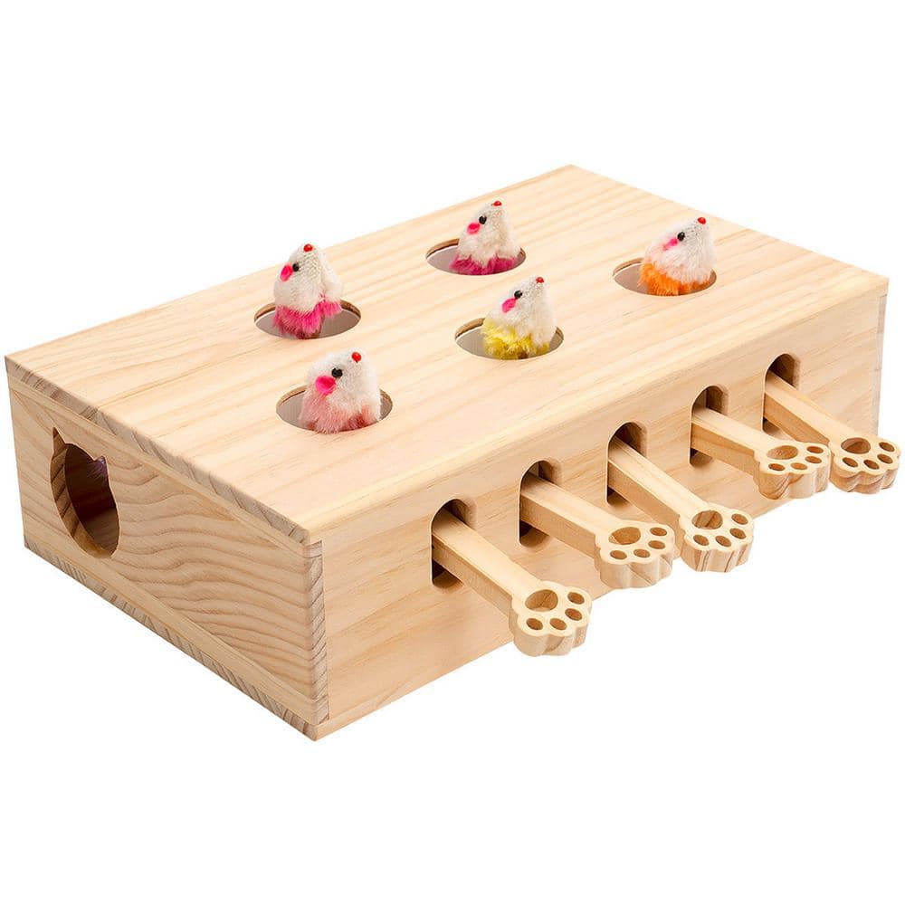 kathson Cat Enrichment Toys for Indoor Cats, Solid Wood Kitten Whack A Mole  Interactive Box Catch Mice Game Cat Puzzle Toy for All Ages Cats Kittens
