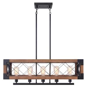5-Light Black and Natural Wood Industrial Rectangular Linear Chandelier for Dining Room Kitchen with No Bulbs Included