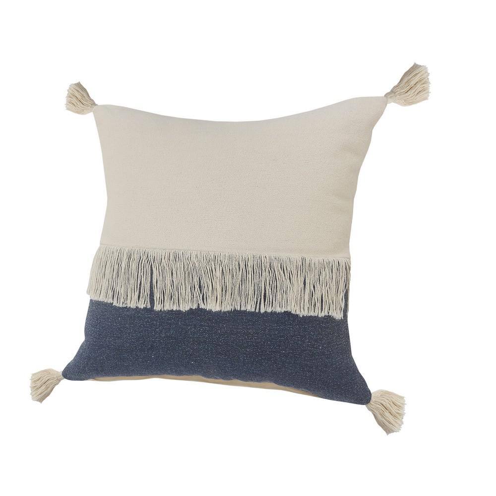 Denim Blue and Off-White Cotton Color Block Square Throw Pillow, 20" x 20"