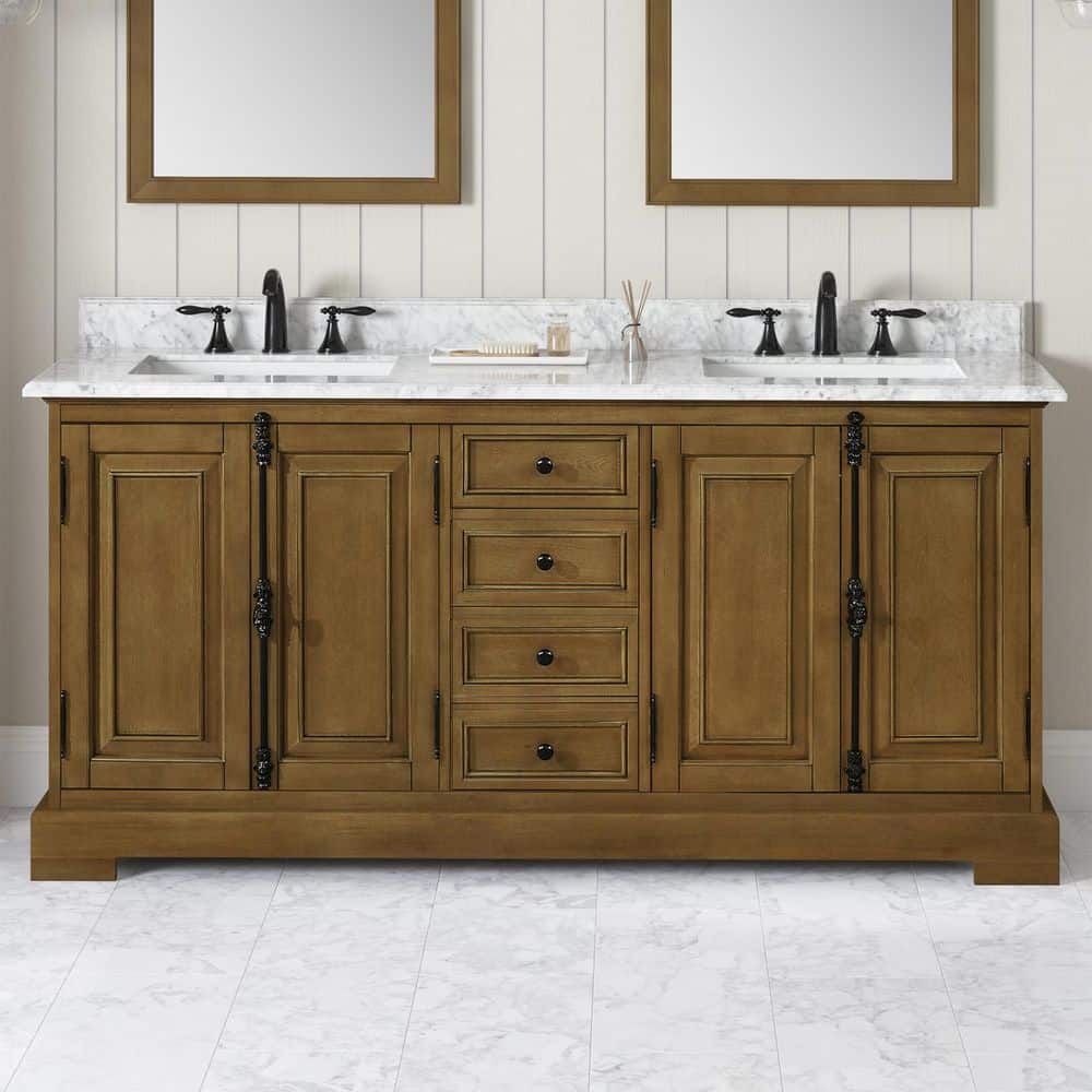 Clinton 72 in. Double Sink Almond Latte Bath Vanity with Carrara Marble Top (Assembled), image size:1000x1000