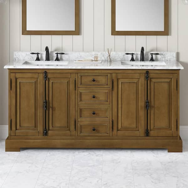 Clinton 72 in. Double Sink Almond Latte Bath Vanity with Carrara Marble Top (Assembled)