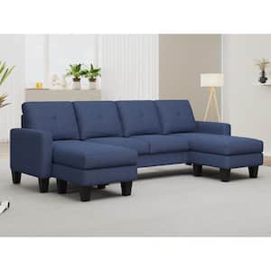 Blue Linen Fabric Metal Outdoor Sectional Sofa Set with Blue Cushions, U-Shaped 4-Seat Sofa for Living Room