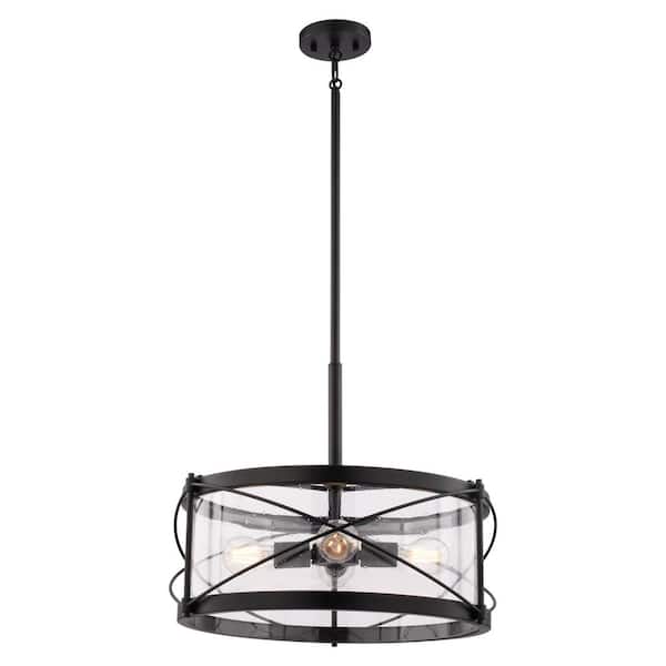 Harrison 60-Watt 4-Light Matte Black Traditional Pendant Light with Clear Seeded Glass Drum Shade