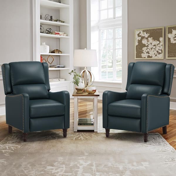 LUE BONA 26 in. Width Lake Blue Genuine Leather Recliner Chair with Wooden Legs Push Back Chair with Nail Head Trim set of 2