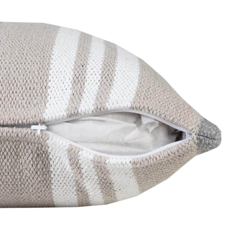 20" Beige and Gray Striped Cotton Throw Pillow