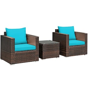 3-Piece Rattan Outdoor Patio Conversation Furniture Set with Turquoise Cushions