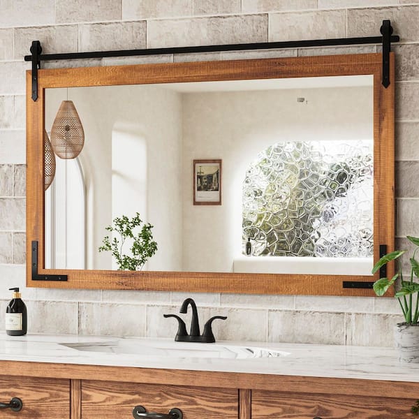 45 in. W x 30 in. H Rectangular Barn Door Brown Mirrors Wood Framed Mirror Farmhouse Bathroom Vanity Mirror