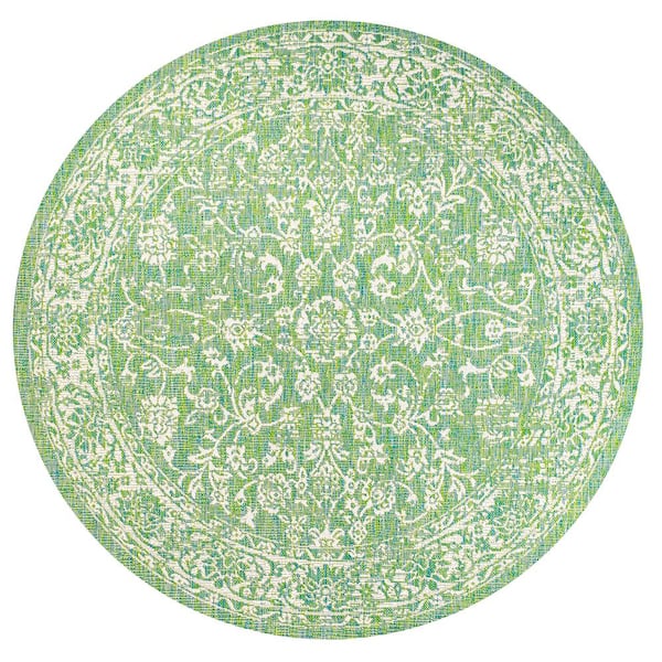 Tela Bohemian Textured Weave Floral Cream/Green 5 ft. Round Indoor/Outdoor Area Rug