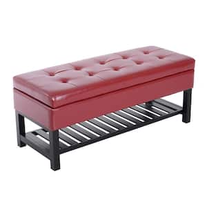 44 in. Crimson Red Tufted Faux Leather Ottoman Storage Bench with Shoe Rack