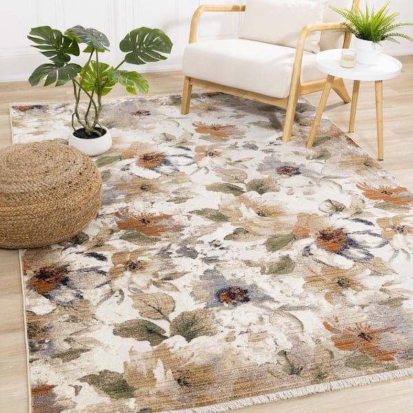 Solvyn Collections 5 ft. x 8 ft. Beige Botanical Indoor Area Rug