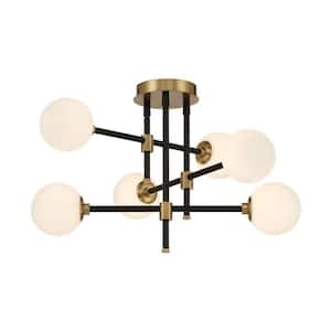 Cosmet 20 in. 6-Light Black and Aged Brass Sputnik Flush Mount with Etched Opal Glass Shades and No Bulbs Included