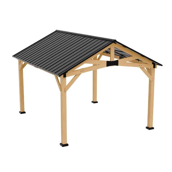 13 ft. W x 11 ft. D Wooden Hardtop Gazebo w/ Galvanized Steel Roof Solid Cedar Wood Frame Ceiling Hook for Patio Outdoor