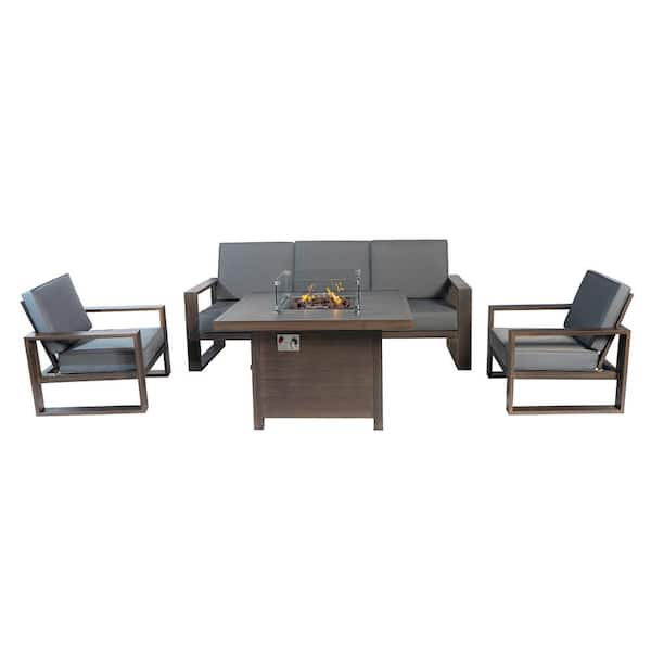 PATIOPTION Aluminum Patio Conversation with Gray Cushions, 41.34 in. Fire Pit Table Sofa Set - 2-Armchair plus 3-Seater Sofa