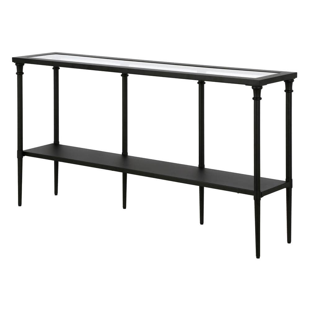 Blackened Bronze 55" Steel and Glass Console Table with Shelf