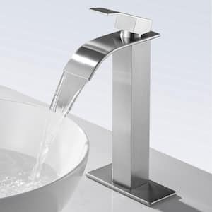 Waterfall Single Hole Single-Handle High-Arc Bathroom Faucet with Supply Line and Deckplate in Brushed Nickel