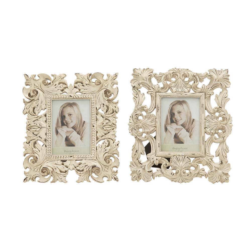 White Floral Embossed Tabletop and Wall Picture Frames Set