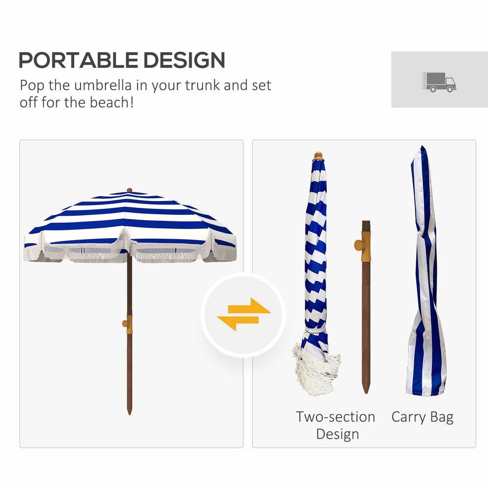 6.2' Blue and White Striped Beach Umbrella with Ruffles