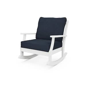 Braxton White Plastic Patio Deep Seating Outdoor Rocking Chair with Dark Blue Cushions