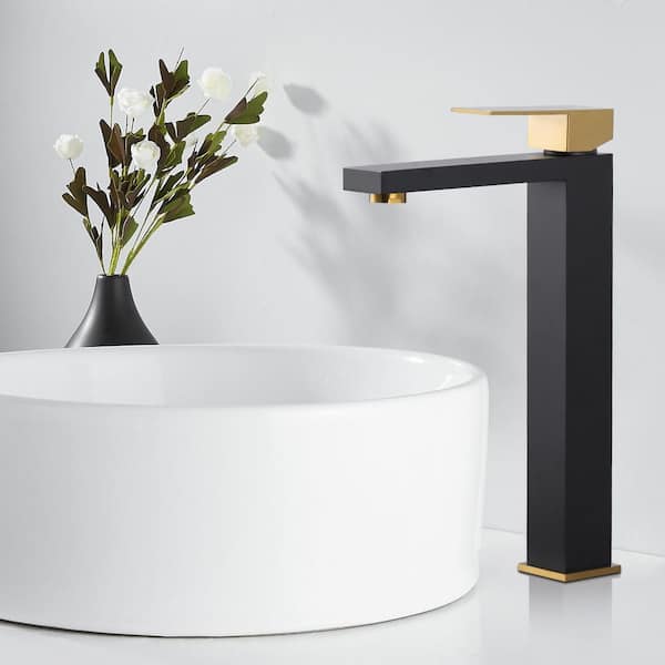 Single Handle Single Hole High Arc Bathroom Faucet with Supply Line Included in ‎Black and Gold
