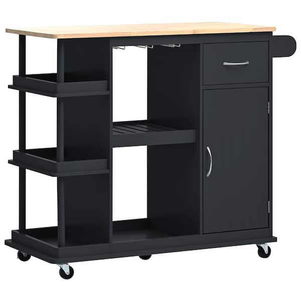 Unbranded Black Rubber Wood 40 in. Kitchen Island with Side Storage Shelves, Adjustable Storage Shelves, 5 Wheels and Wine Rack