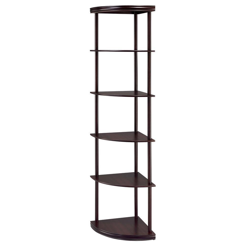 Cappuccino Brown 5-Shelf Corner Bookcase with Metal Frame