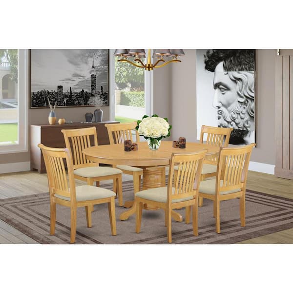 7-Piece Natural Oak Finish Solid Wood Top Dining Table with 6 Chairs with Lattice Back