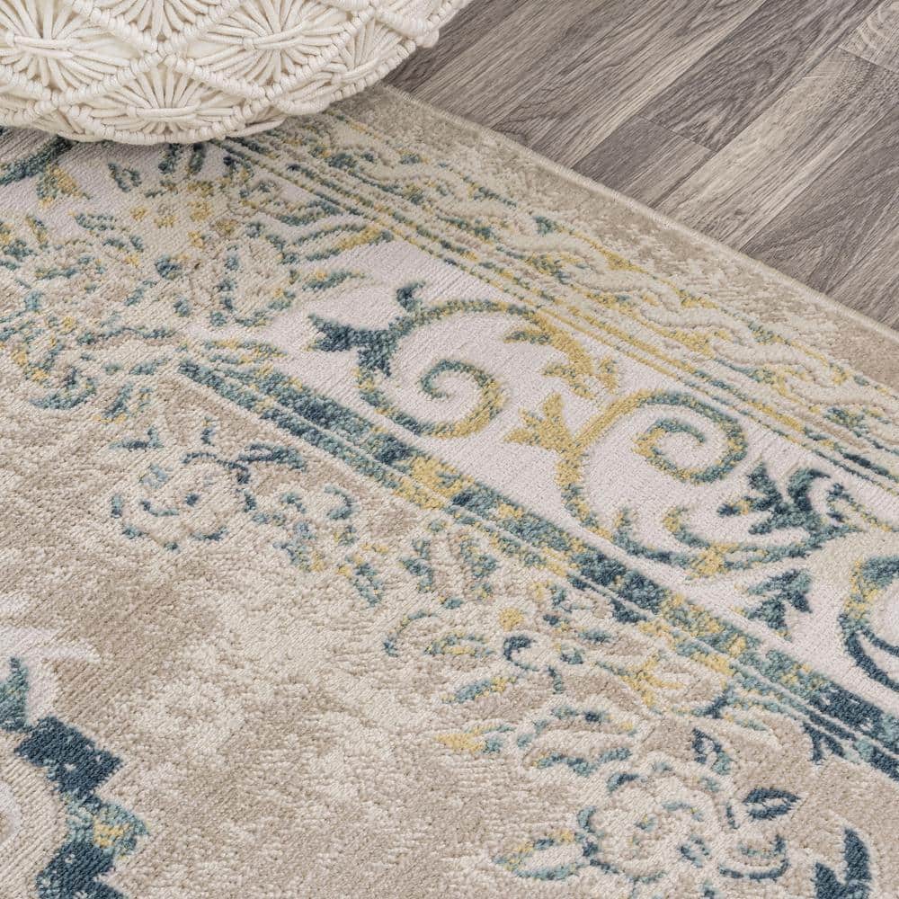 Ivory/Navy 4' x 6' Reversible Synthetic Medallion Rug