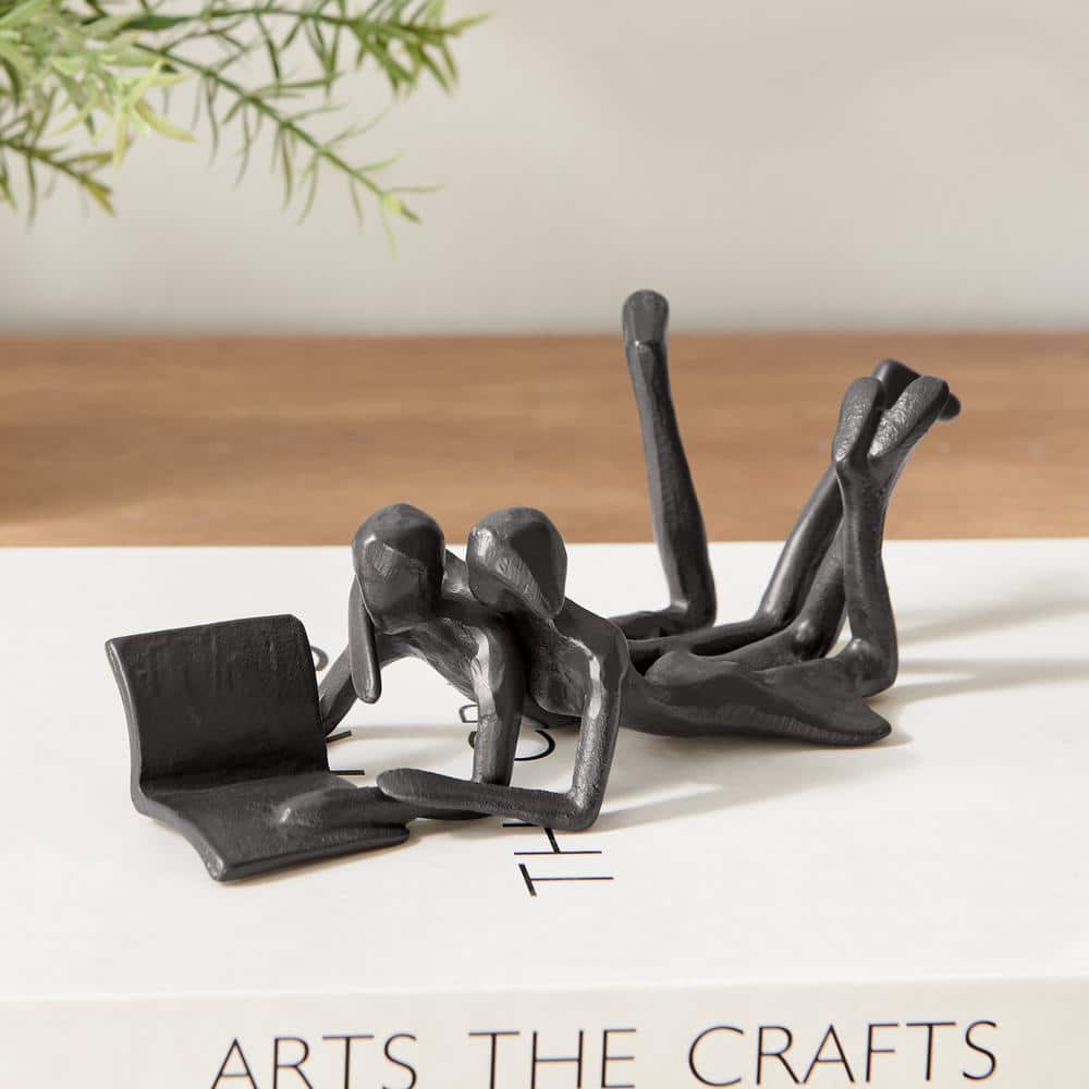 Brown Cast Iron Abstract Couple Reading Book Sculpture