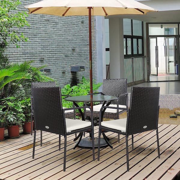 Wicker Outdoor Dining Chairs Armrest Garden with White Cushions (4-Pieces)