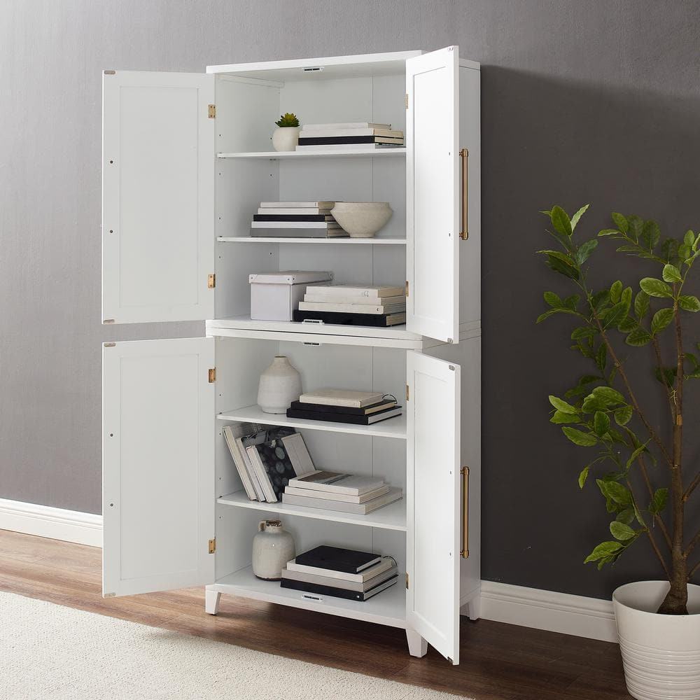 White Recessed Panel Kitchen Pantry Storage Cabinet with Gold Hardware