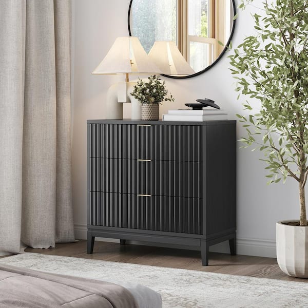 Nathan James Jasper Black Oak 3-Drawer 31 in. Bohemian Fluted Dresser with Solid Wood Legs for Bedroom or Nursery