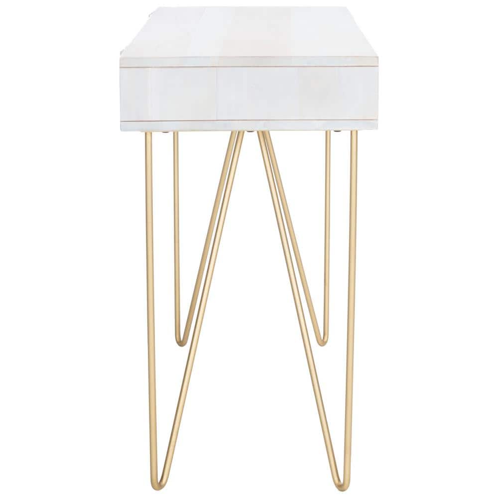 White and Brass Wood Writing Desk with Drawer