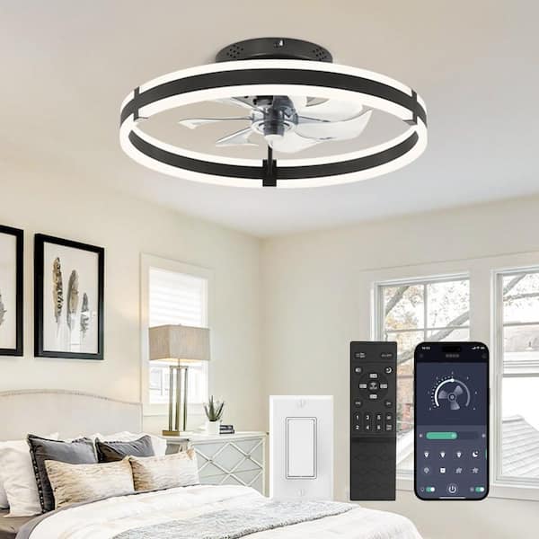20 in. Dimmable LED Smart Indoor Black Modern Flush Mount Ceiling Fan with Light Kit and Remote Control Living Room