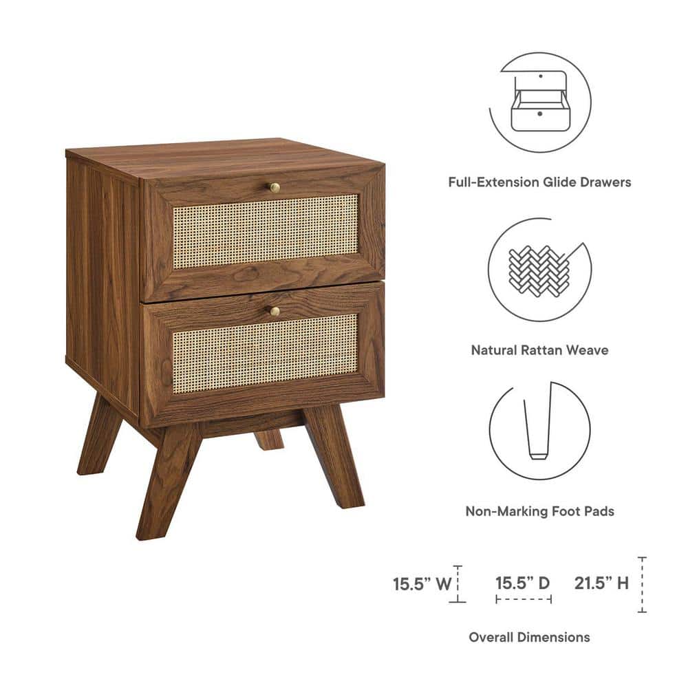Walnut and Rattan 2-Drawer Nightstand with Splayed Legs