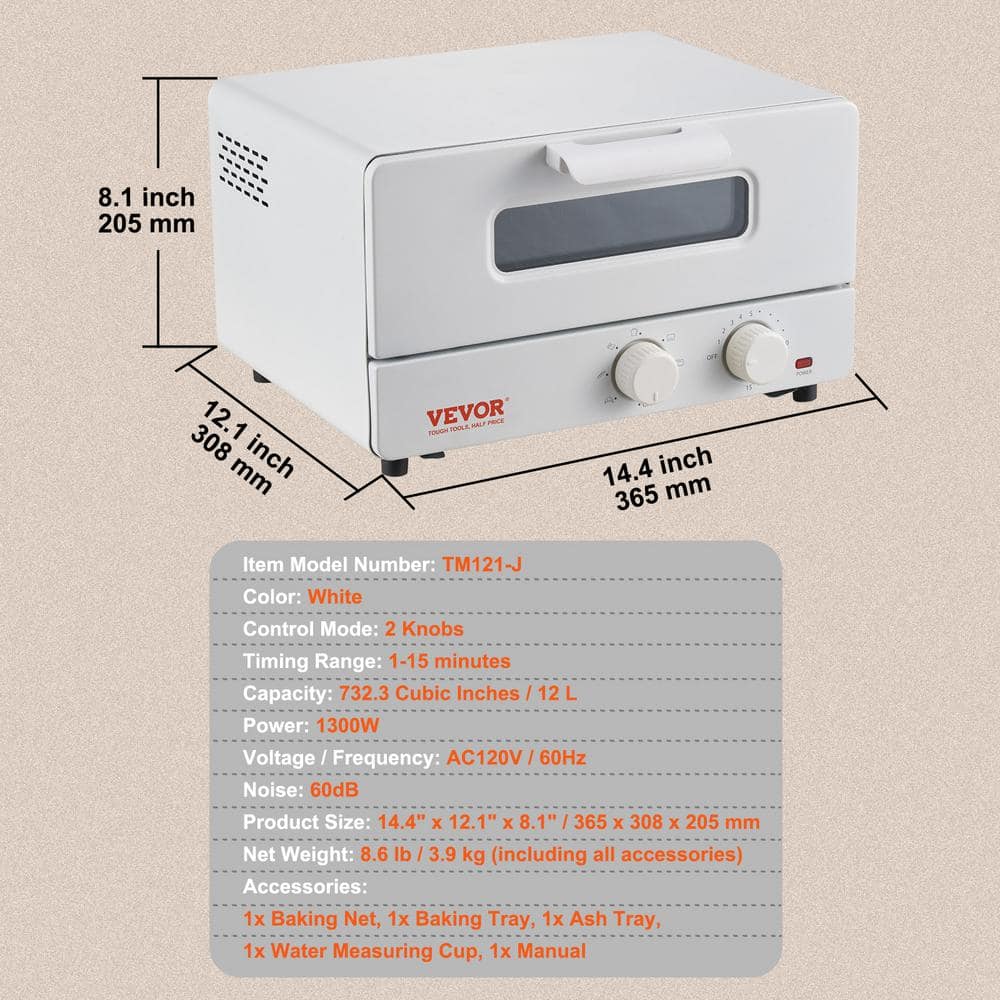 White Compact 12L Steam Convection Toaster Oven