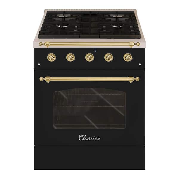 Hallman CLASSICO 30 in. 4.2 cu. ft. 4 Burner Freestanding Dual Fuel Range Gas Stove, Electric Oven, Glossy Black with Brass Trim