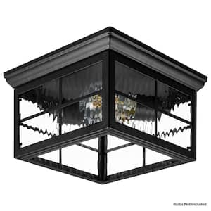 Black Outdoor Flush Mount Ceiling Light Fixture, Porch Light with Water Glass, Bulbs Not Included