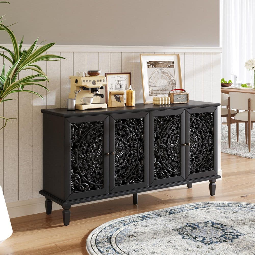 Euclid Rustic 59.84 in. W Black Wood Buffet Sideboard Cabinet with Brass Handles, Adjustable Shelves