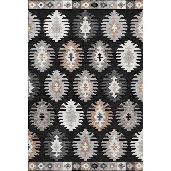 Mayfield Premium Machine Washable Abstract AMF983 Black 2 ft. 6 in. x 3 ft. 10 in. Area Rug