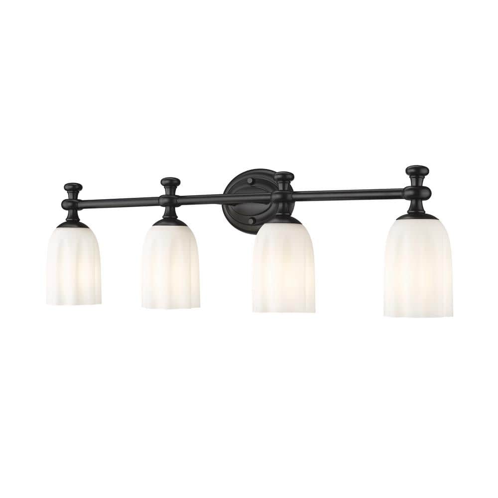 Orion 31.25 in. 4-Light Matte Black Vanity-Light with Opal Etched Glass Sha