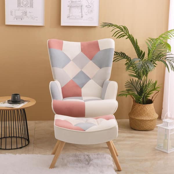 Pink Splicing Cloth Surface Chair with Ottoman, Living Room Pink Splicing Cloth Surface Chair with Ottoman, Living Room