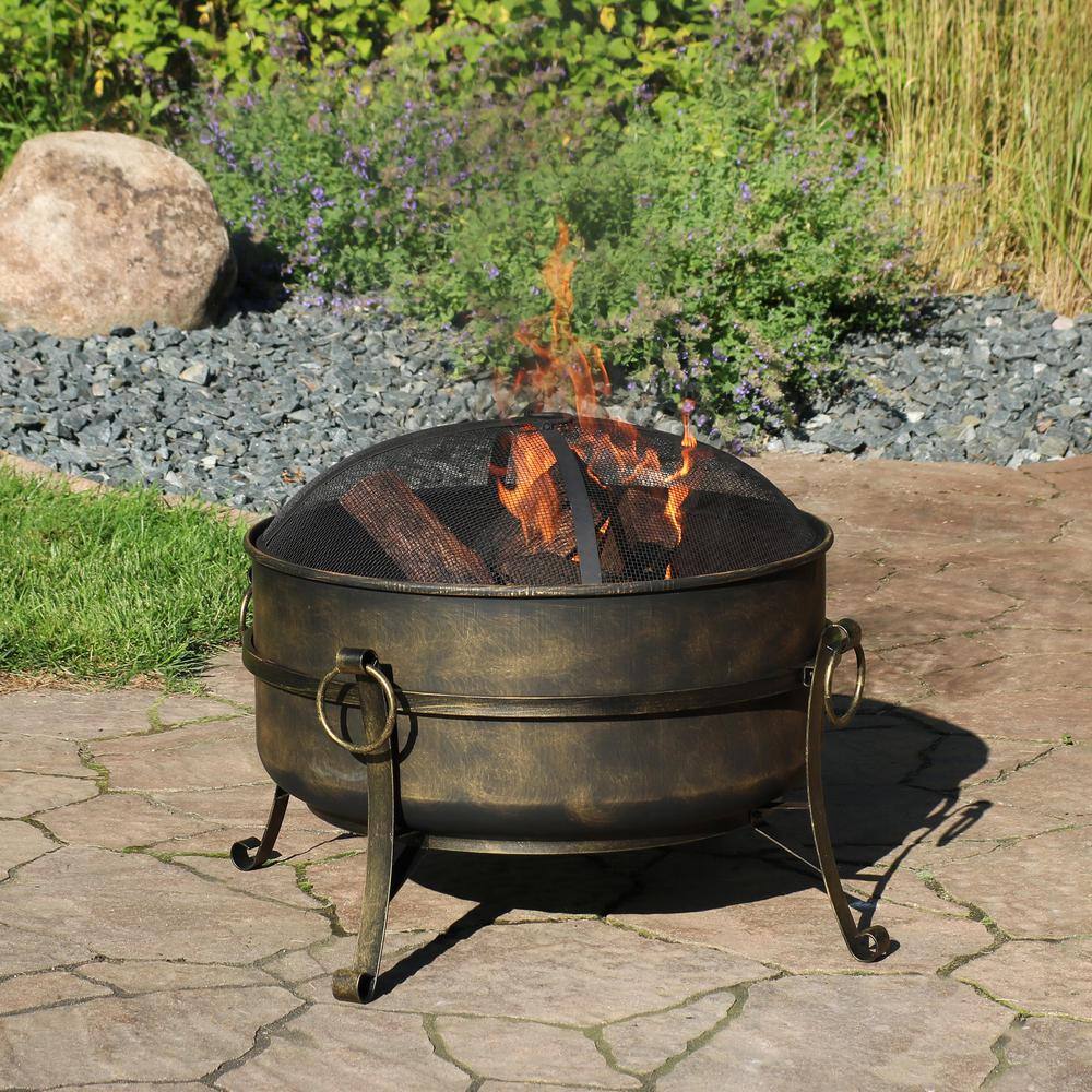 24-Inch Dark Bronze Steel Cauldron Fire Pit with Spark Screen