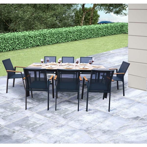 Laco Dark Gray 9-Piece Aluminum Outdoor Dining Set with Sling Set in Smoke Grey
